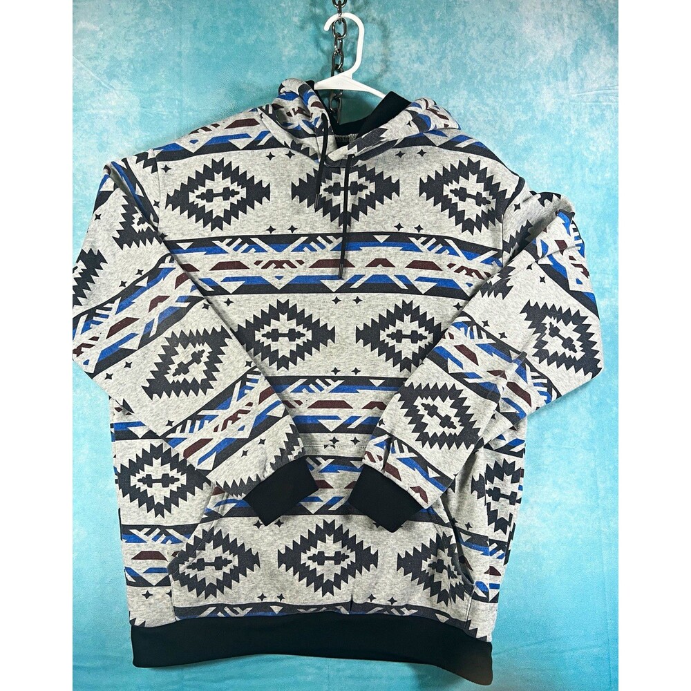 Original Deluxe Supply Mens XL Gray Black Blue Geometric Pullover Fleece Hoodie